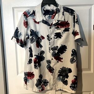 EUC Columbia button-down casual shirt, red/blue leaves pattern, size medium.